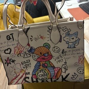 Designer-Inspired White Graffiti Bear Tote Bag